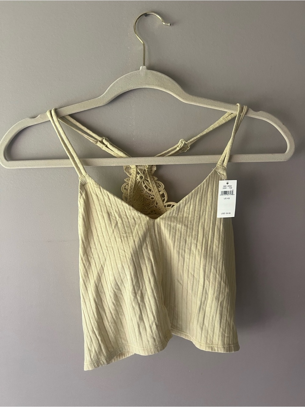 aerie Ribbed Lace-Back Cami — light yellow XS and M lightly lined